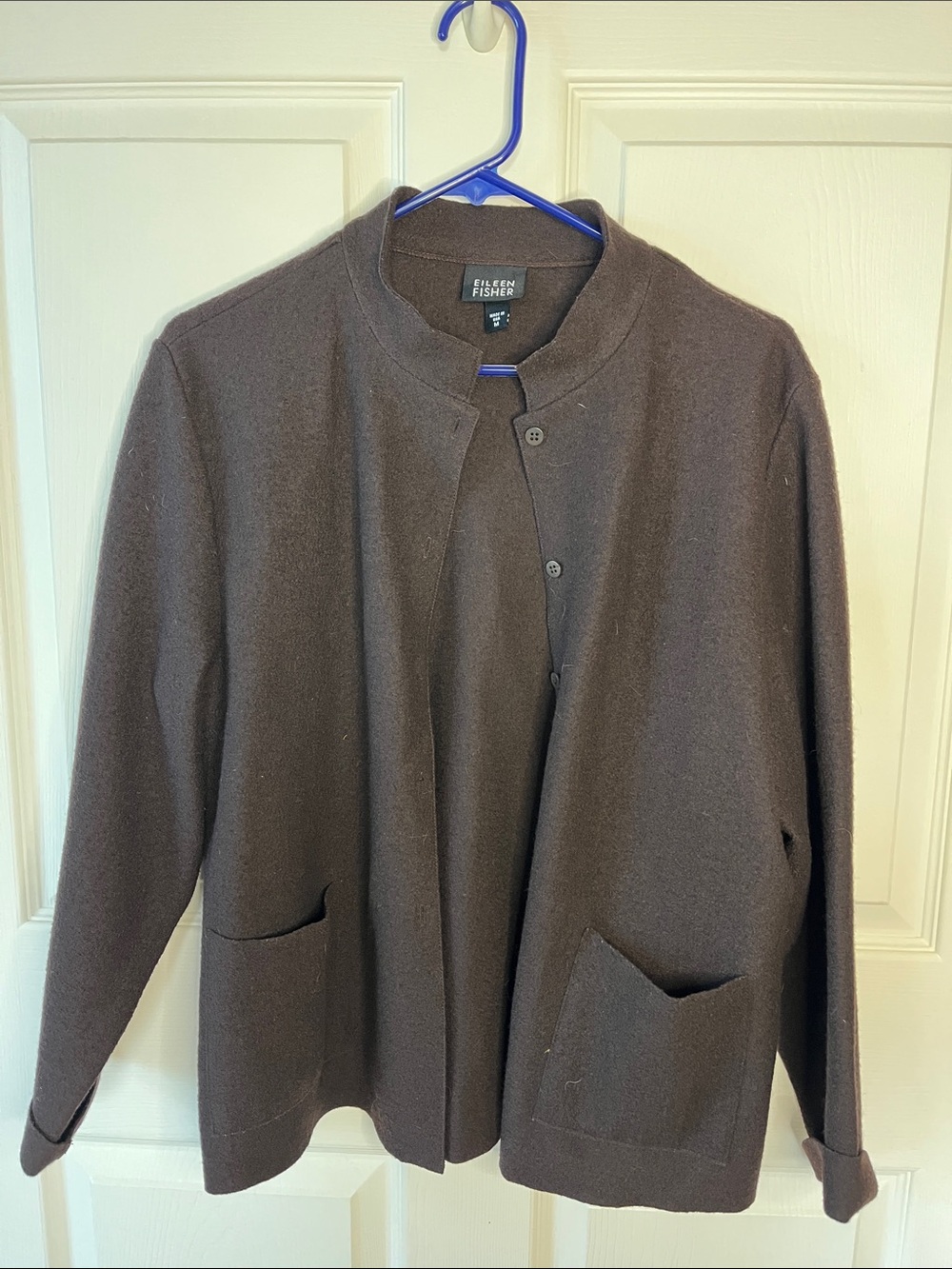 Eileen Fisher Dark Brown Button-Front 100% Boiled Wool Cardigan